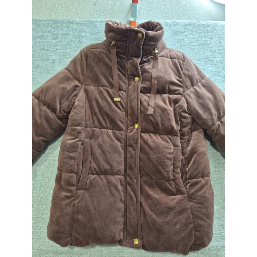 Isaac Mizrahi Velvet Puffer Jacket Womens Medium Brown Mock Neck Winter Warm